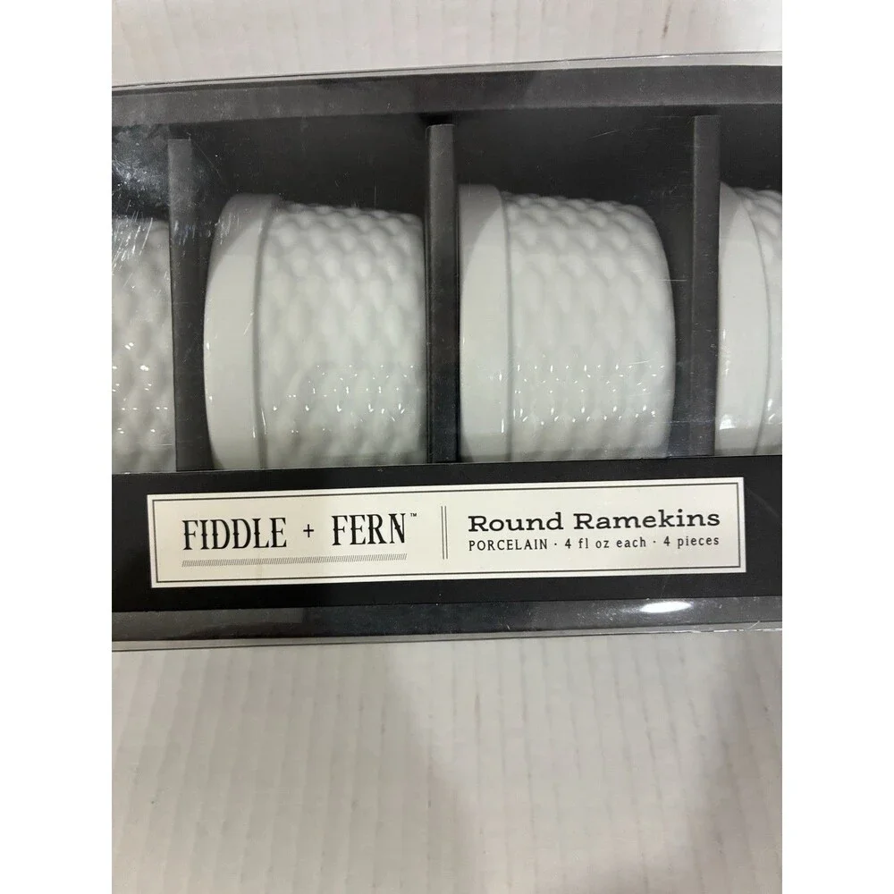 NEW Fiddle and Fern 4 Oz. Honeycomb Round Ramekins 4 Pieces White Porcelain